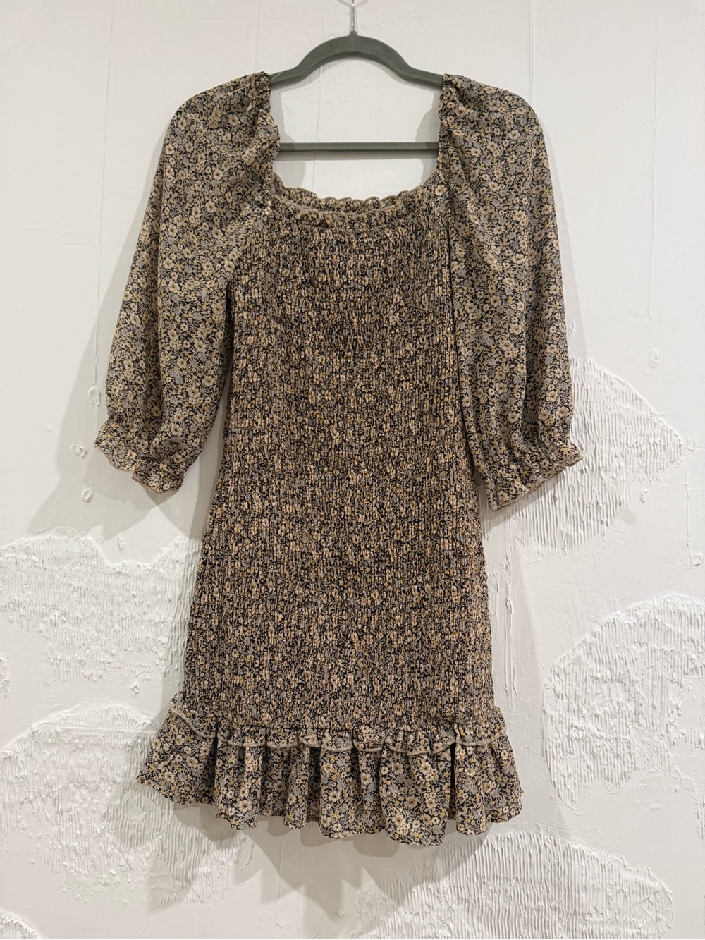 Wren Brown Floral Smocked Puff-Sleeve Mini Dress